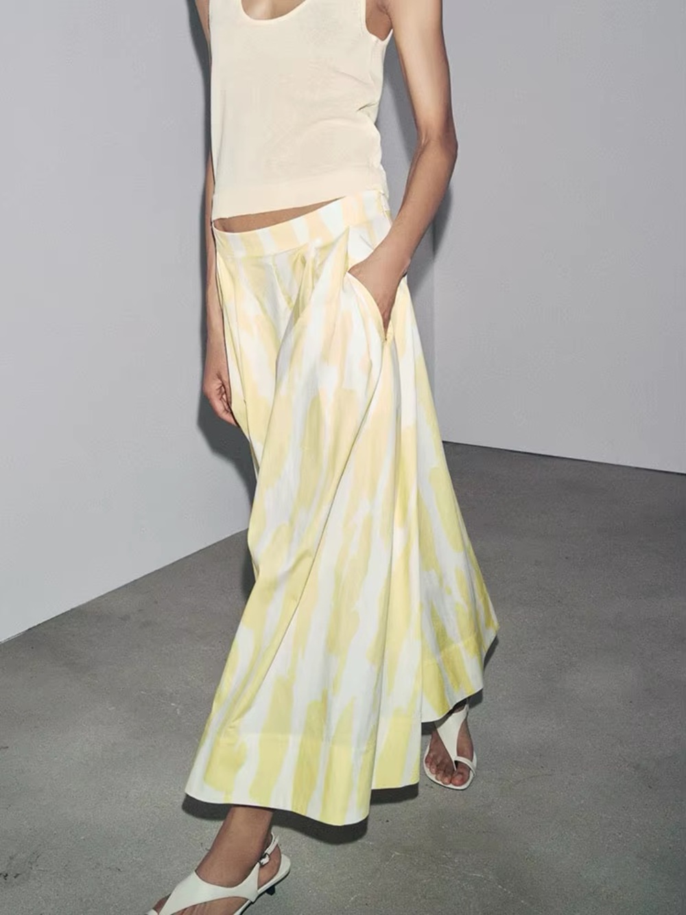 ZARA Yellow White Cotton Poplin Midi Skirt Size Medium